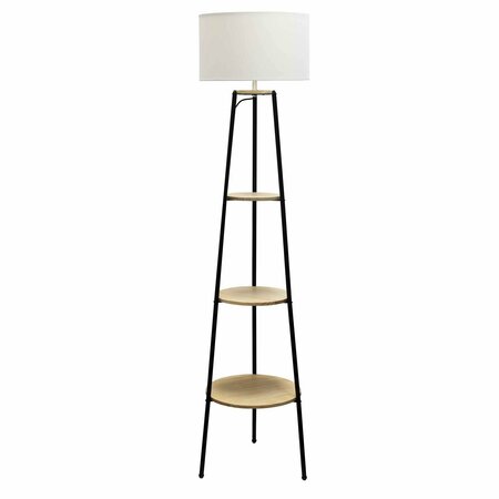 SIMPLE DESIGNS 62.5in Tripod 3 Tier Shelf Standing Floor Lamp, White Drum Fabric Shade, Light Wood LF2015-LWD